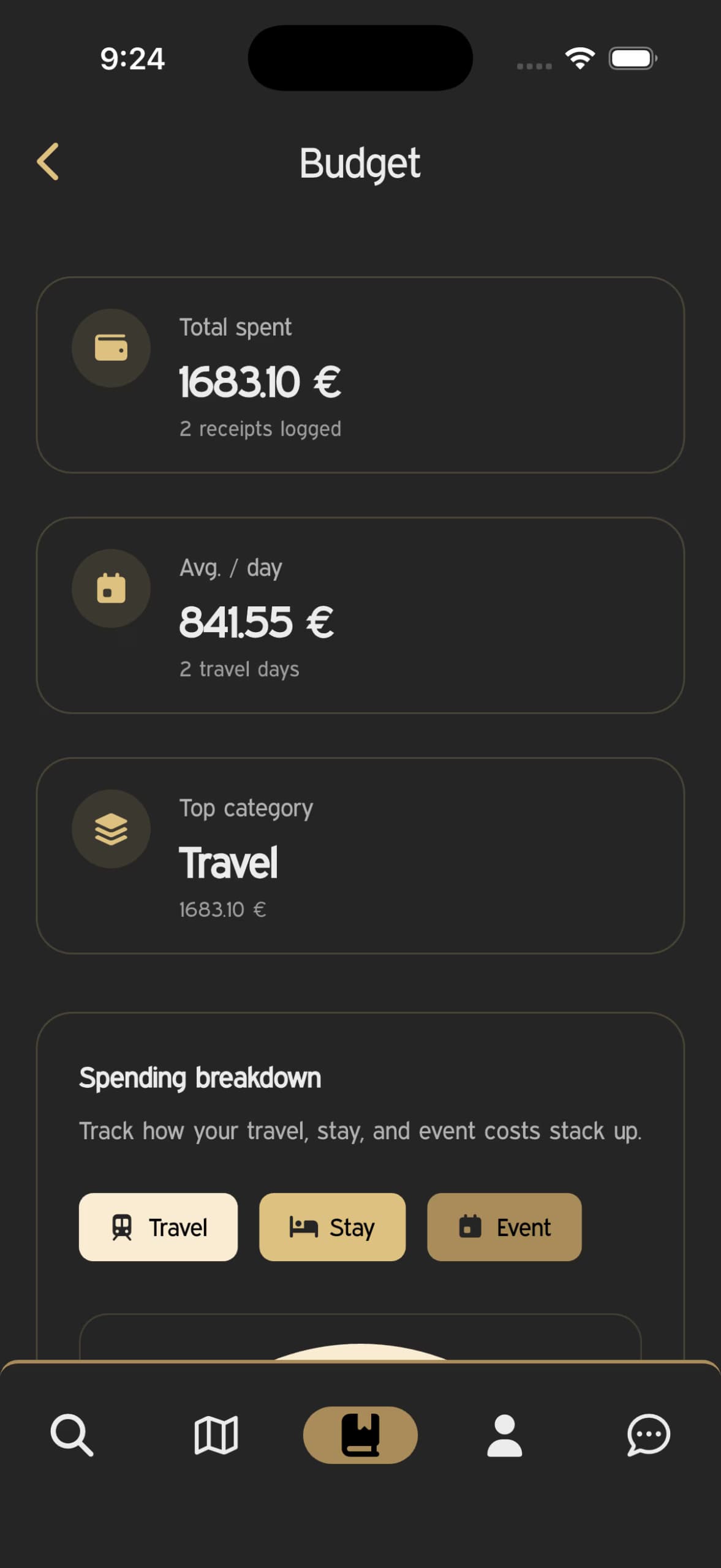 Vue des coûts de voyage dans l'application ChargeHolidays